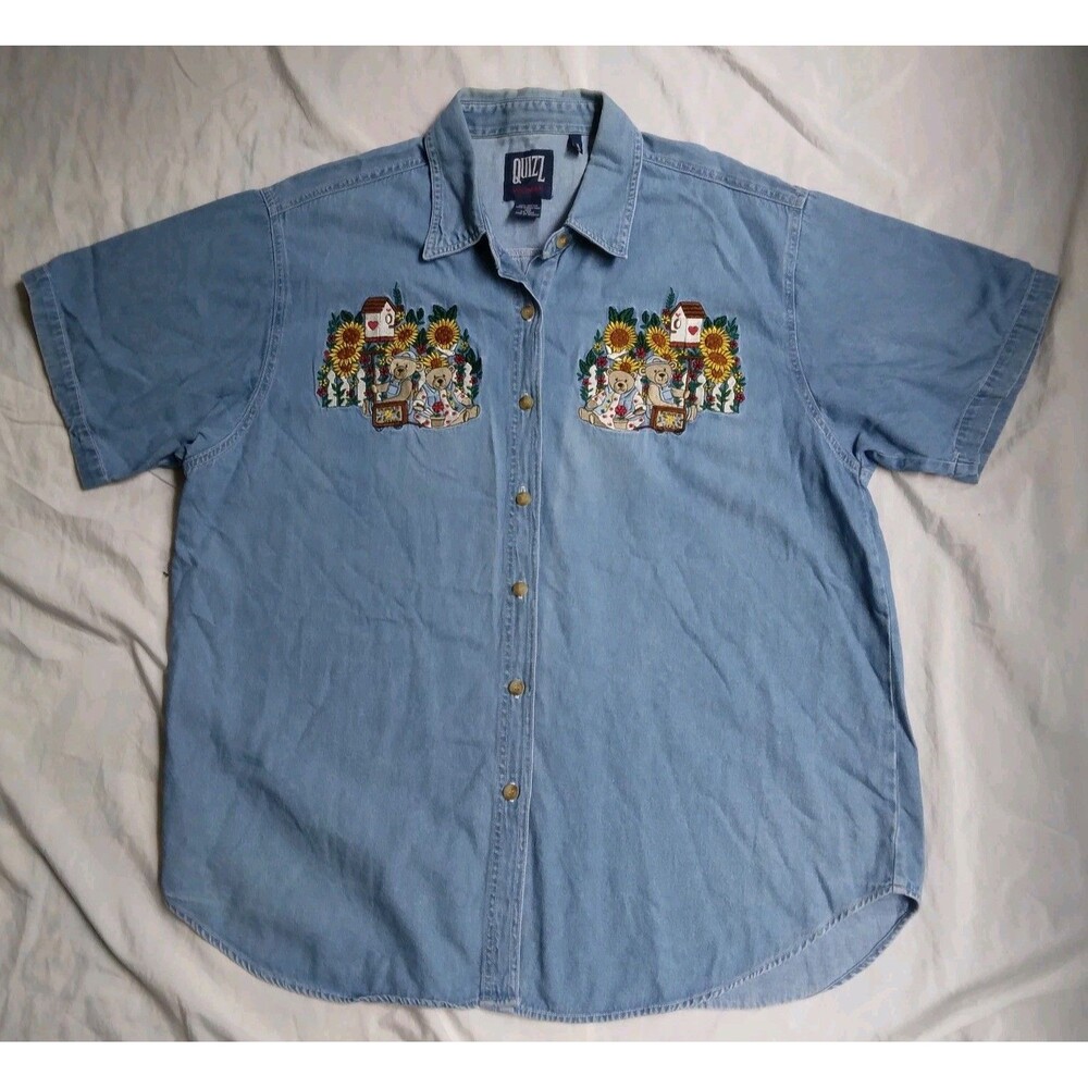 VTG Quizz Woman Button Down Denim Shirt Embroidered Bears Sunflower Plus Size 20